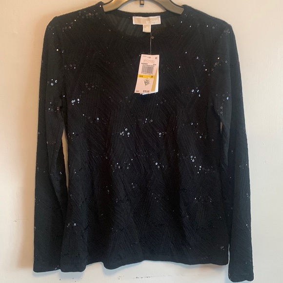 MICHAEL KORS NWT black sparkly long sleeve top MED - Picture 1 of 5